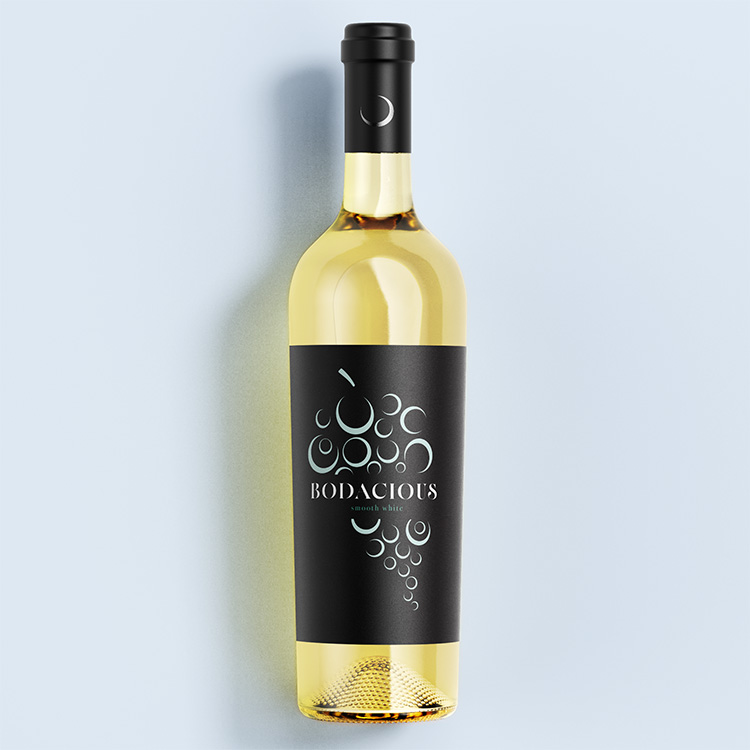White wine bottle with black label and white and light blue design.