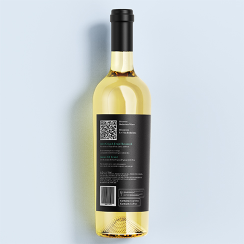 Back of white wine bottle with black label and white and light blue design.