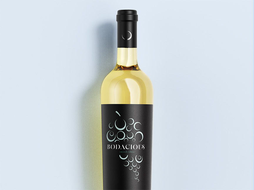White wine bottle with black label and white and light blue design.