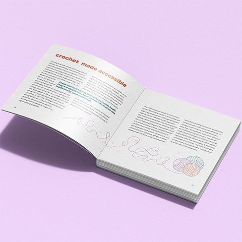 Introduction of the brand identity and purpose. Balls of yarn and crochet illustration on botom right.