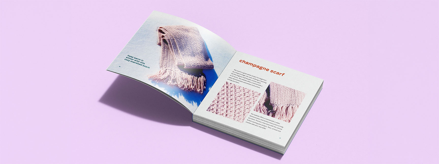 Image of an inside spread of a book. It features an intro page for a pattern to a crochet pattern book dedicated to left-handed learning.