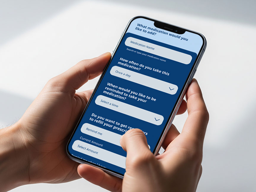 Person holding a phone with a medication tracking app open.