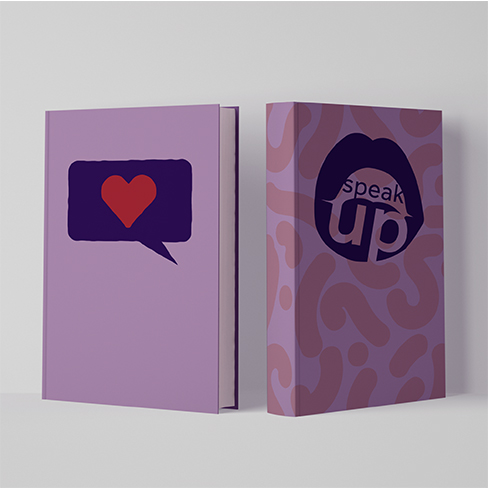 Two books standing facing away from each other. Both are purple and feature the words speak up start healing. The book on the left includes a speach bubble with a red heart in the middle.