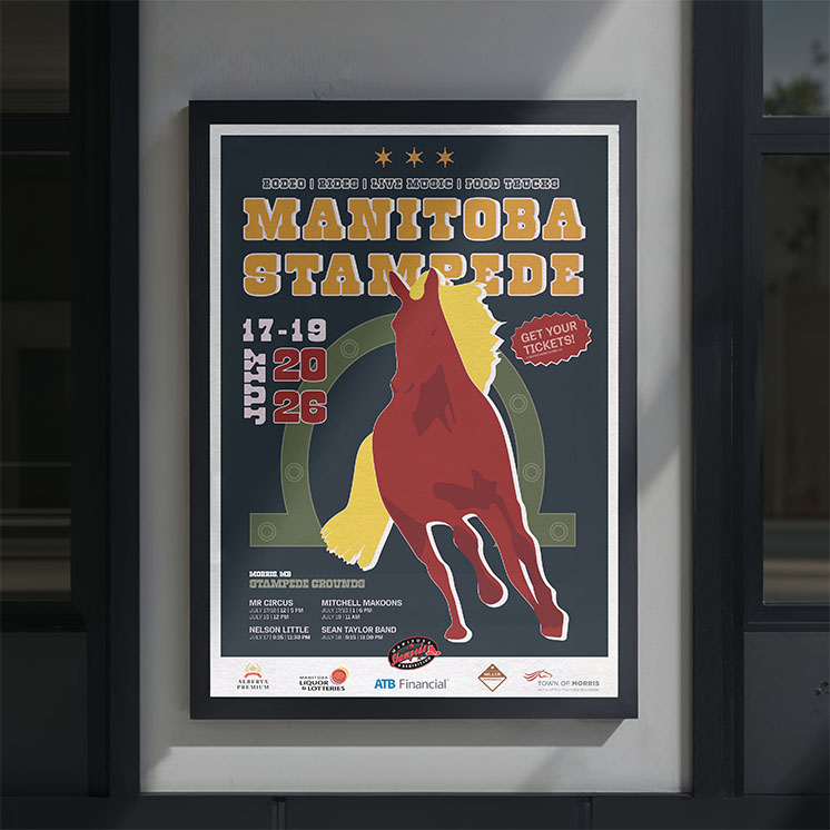 A poster of the Manitoba Stampede in a retro cowboy style with a large horse in the centre.