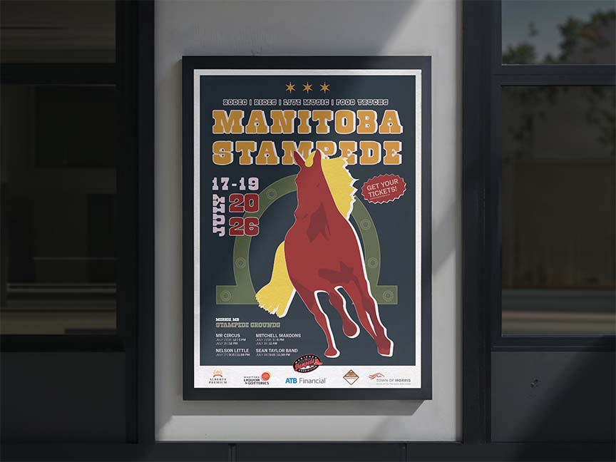 Photo of a poster on a stone wall. The poster is for the Manitoba Stampede and has a retro cowboy look featuring a horse in the centre.