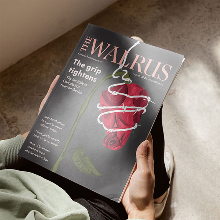 Person holding walrus magazine cover. Shows a wilted rose being contstrained by barb wire.