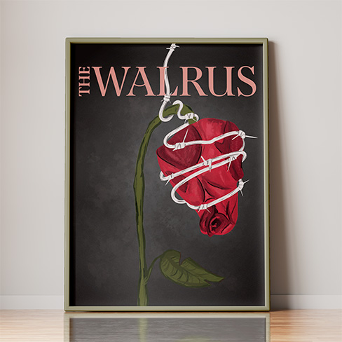 Walrus print of wilting rose in frame on the floor.