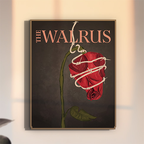 Walrus print hanging on wall in frame.